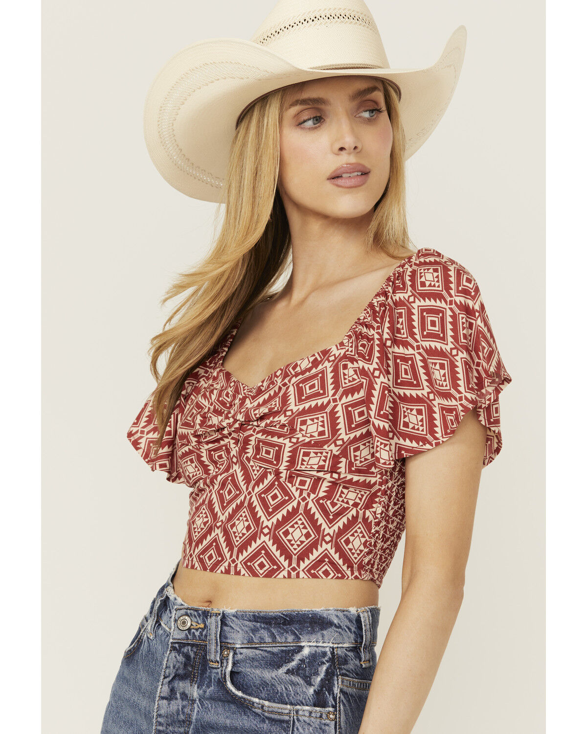 Rock & Roll Denim Women's Southwestern Print Flutter Short Sleeve Top