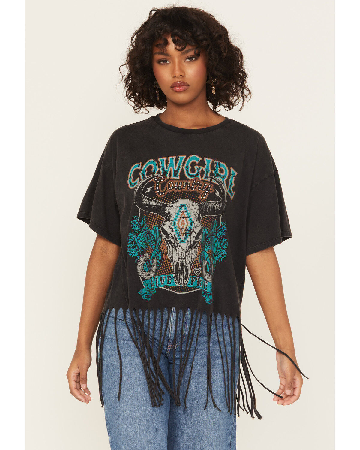 Rock & Roll Denim Women's Steer Short Sleeve Fringe Graphic Tee