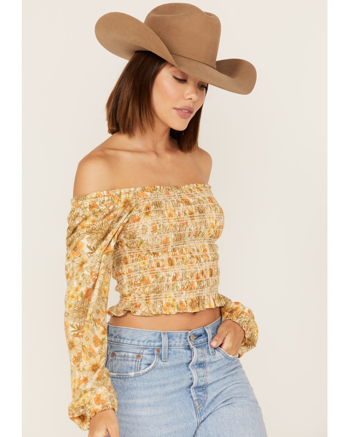 Jolt Women's Floral Print Smocked Long Sleeve Crop Top