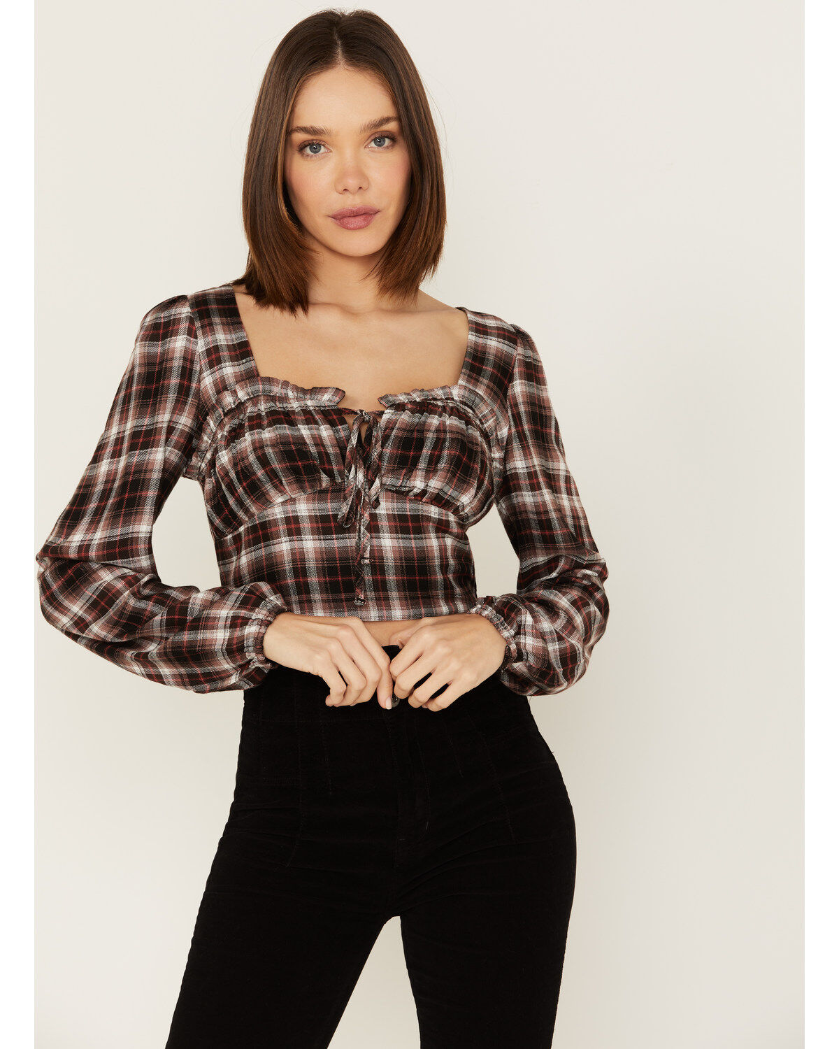 Wild Moss Women's Plaid Print Ruffle Tie Front Crop Top