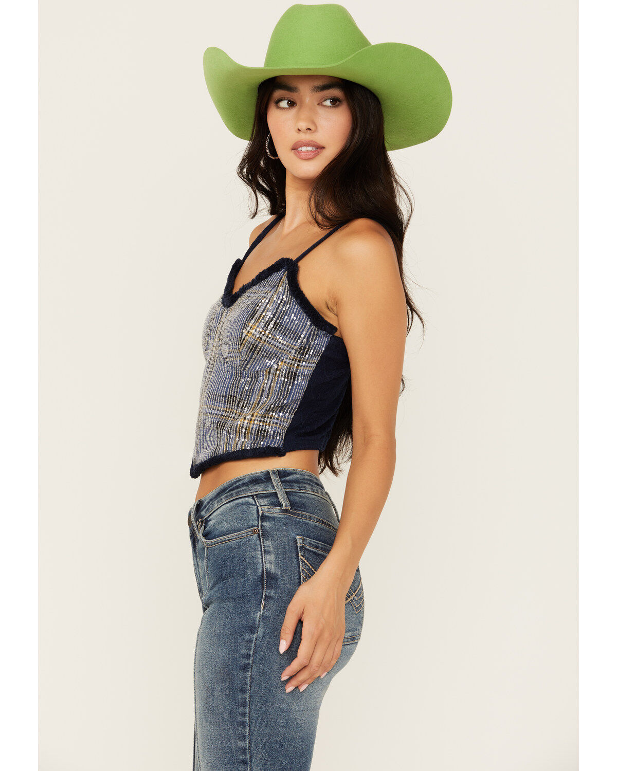 Miss Me Women's Sequins Plaid Print Tank