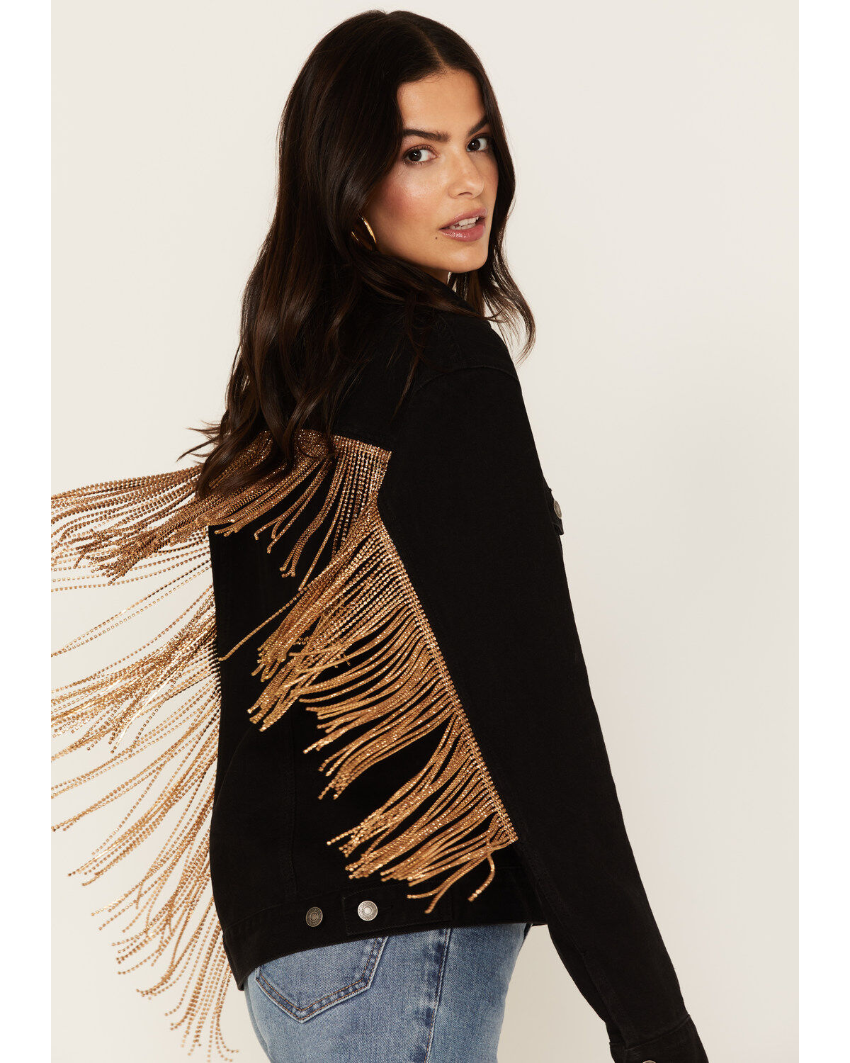 The Harley Jacket by DanielXDiamond: Women's Black Denim Jacket with Gold Fringe