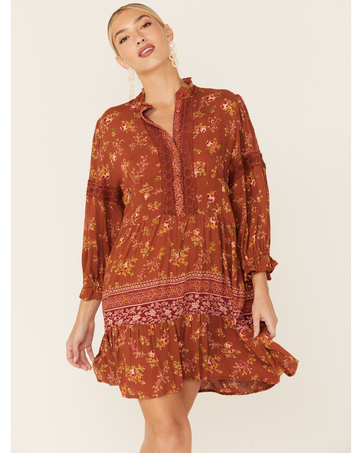 Angie Women's Floral Lace Trim Long Sleeve Mini Dress