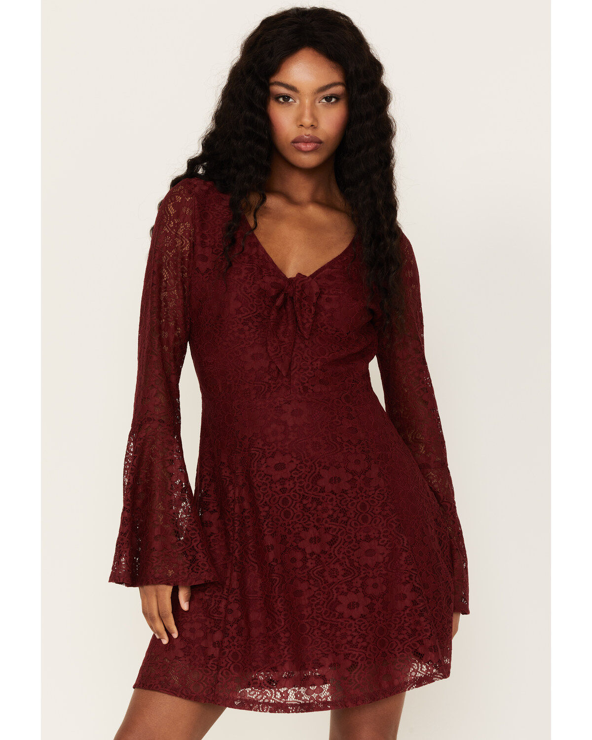 Beyond The Radar Women's Lace Tie Front Mini Dress