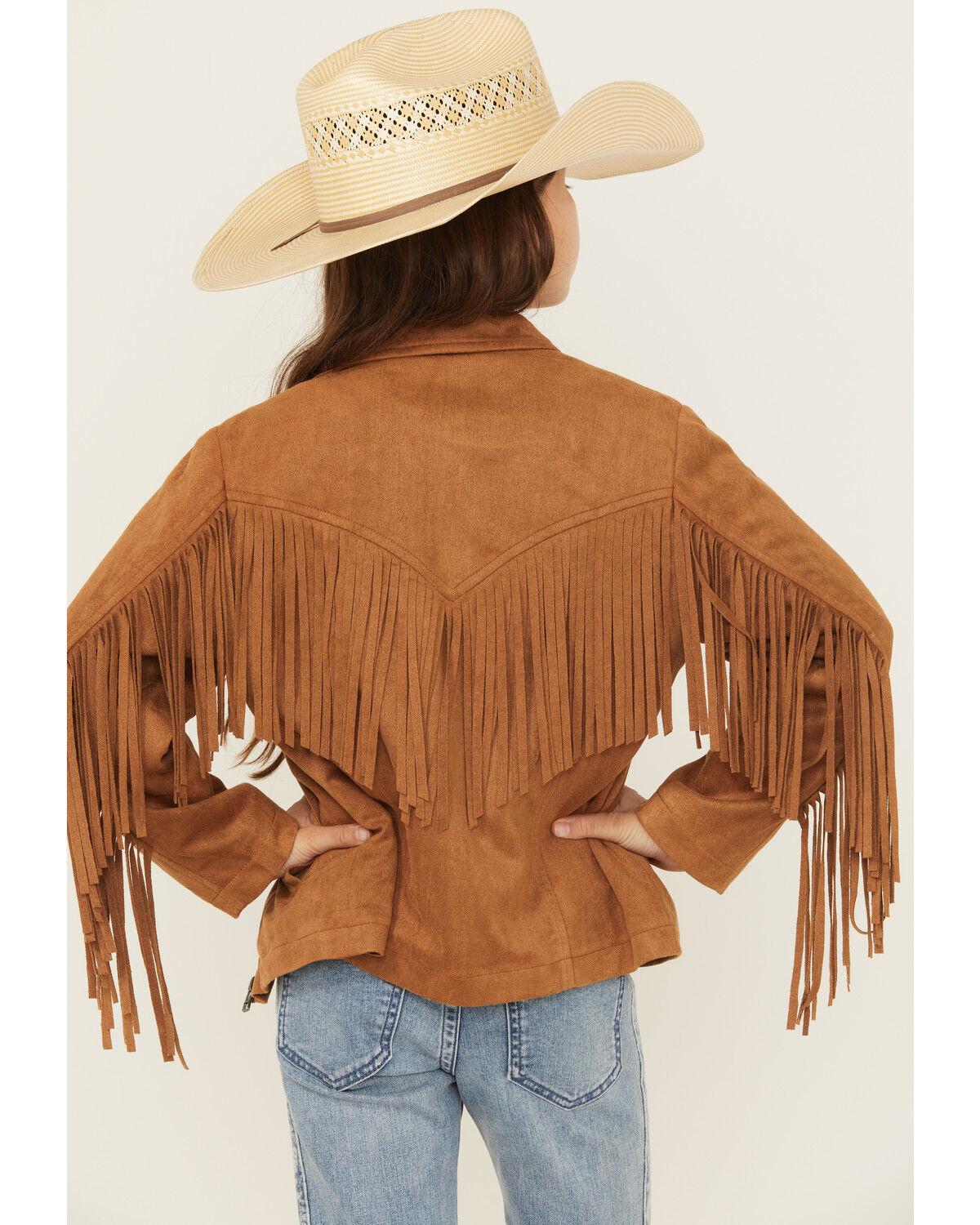 Fornia Girls' Solid Fringe Faux Suede Zip-Up Jacket