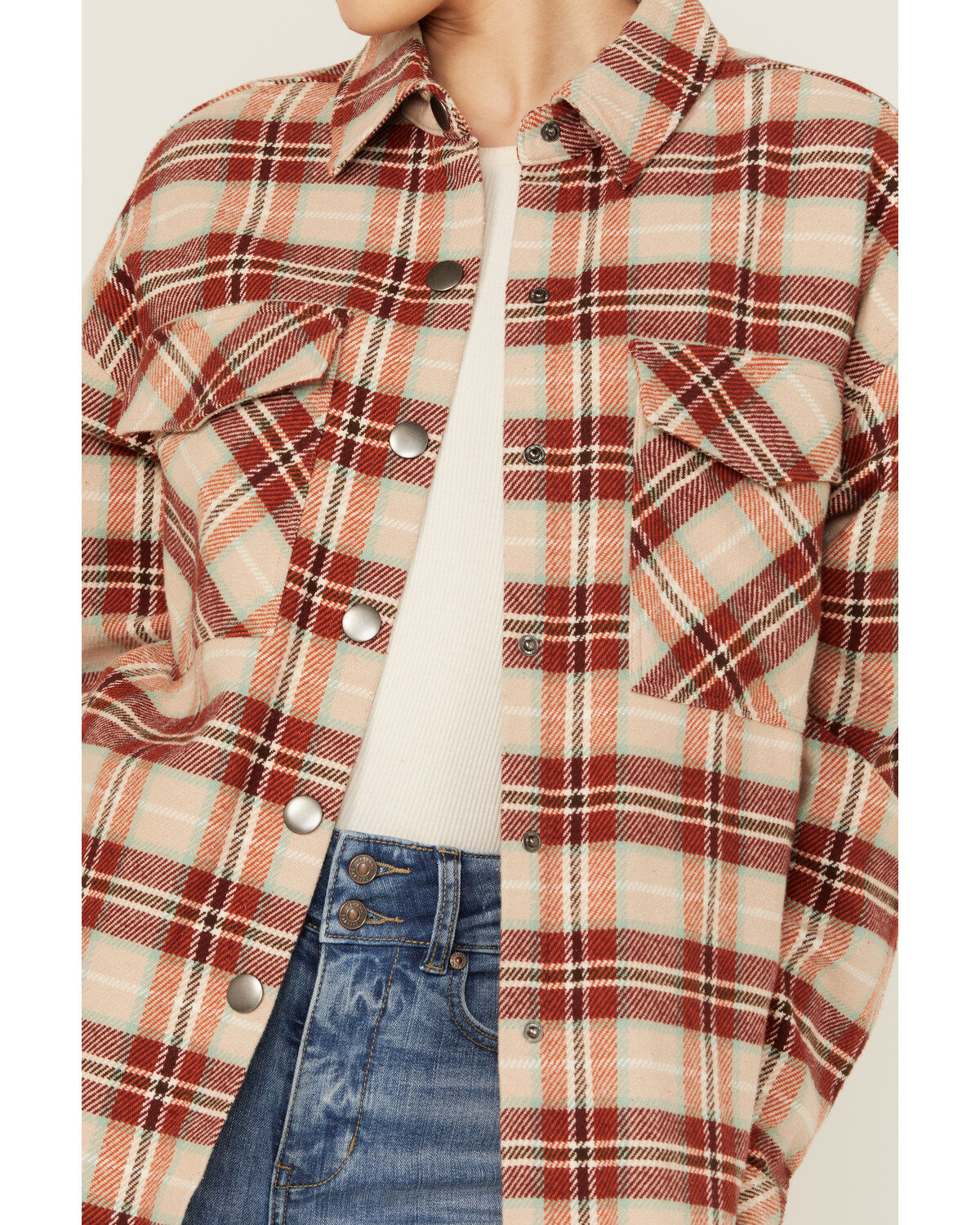 Rock & Roll Denim Women's Plaid Print Fringe Snap Shacket