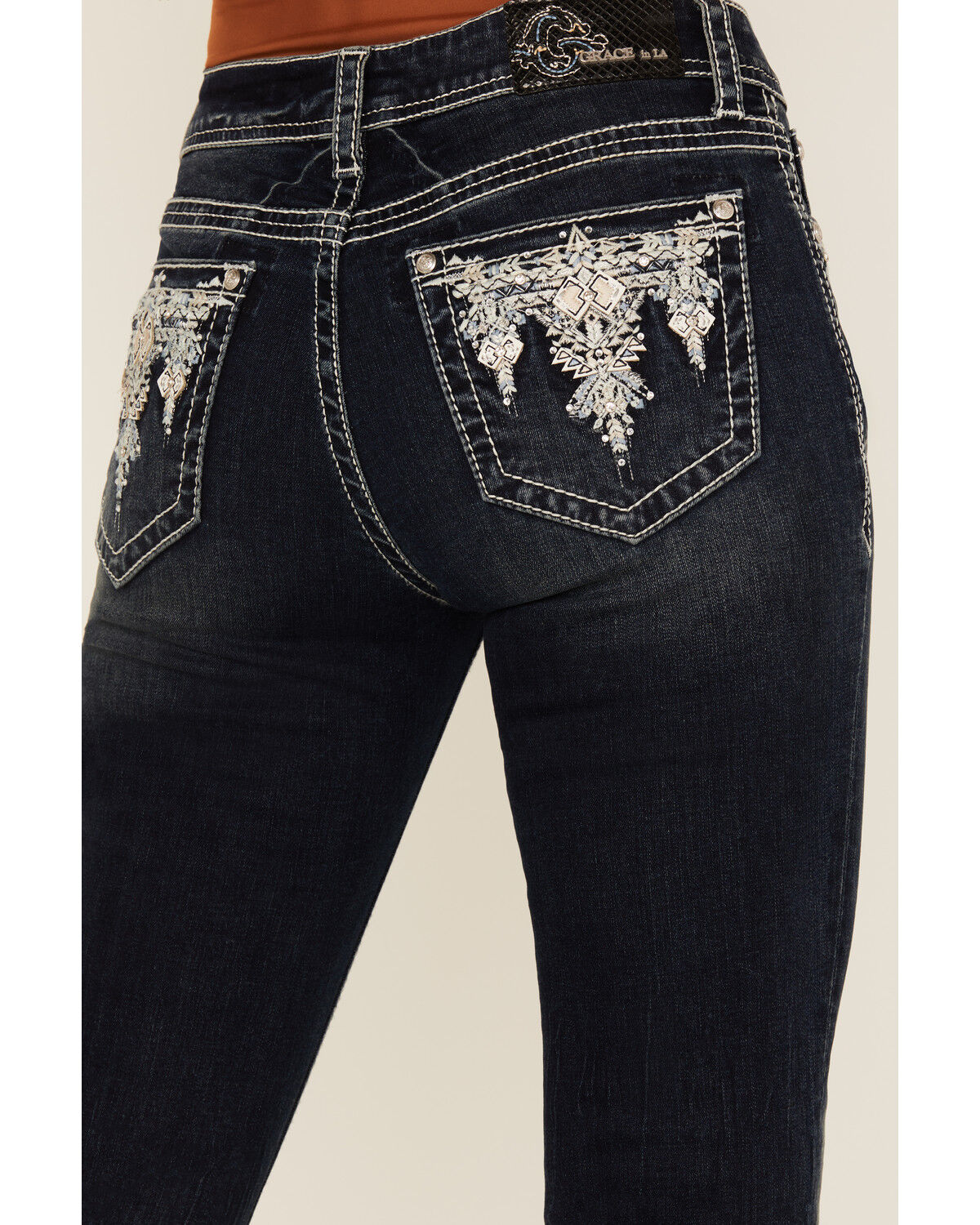 Grace In LA Women's Dark Wash Geo Print Embroidered Mid Rise Bootcut Stretch Denim Jeans
