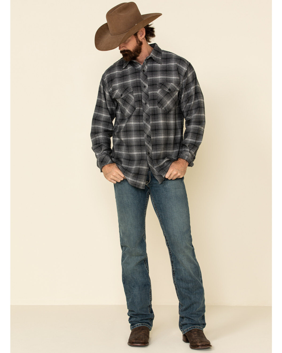 Resistol Men's Gray Simcoe Ombre Plaid Long Sleeve Western Shirt