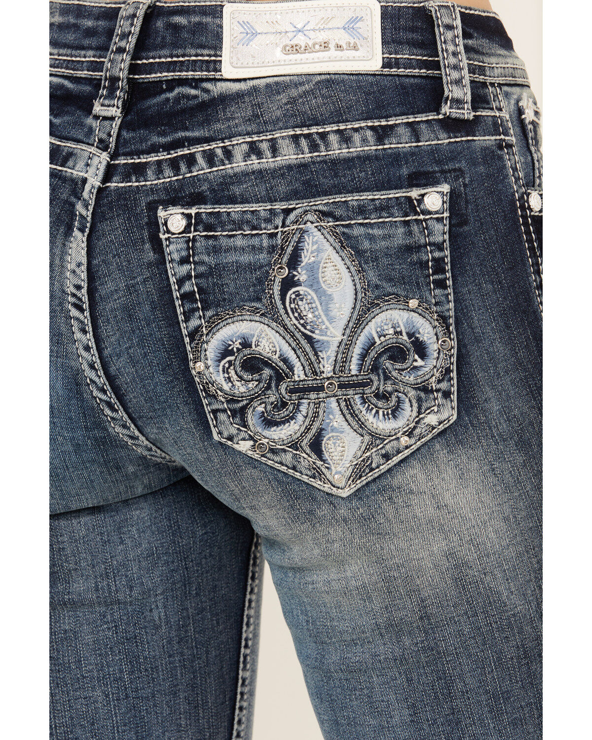 Grace In LA Women's Fleur De Lis Embroidered Pocket Bootcut Stretch Denim Jeans
