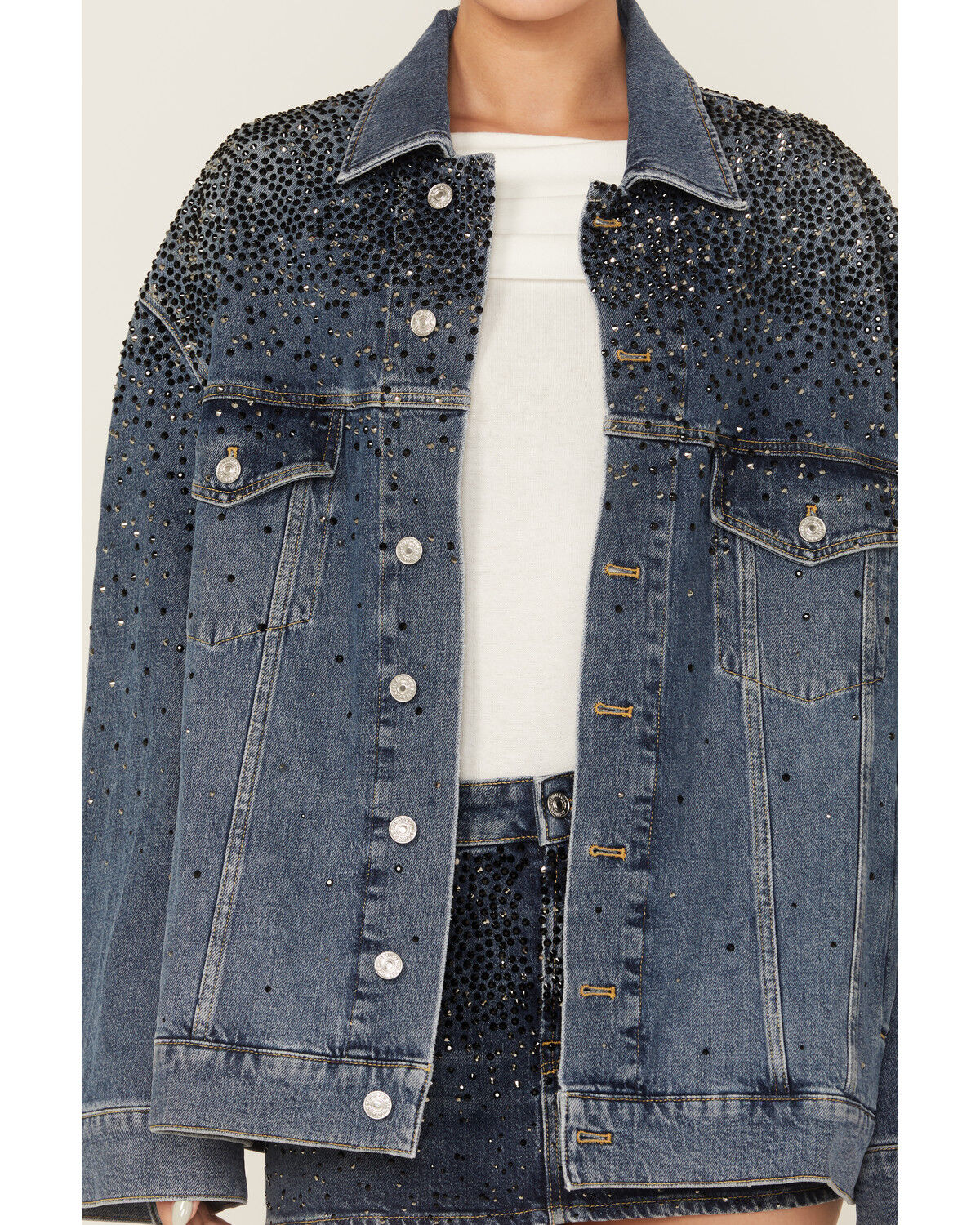 7 For All Mankind Women's Candy Oil Dark Wash Oversized Embellished Trucker Denim Jacket