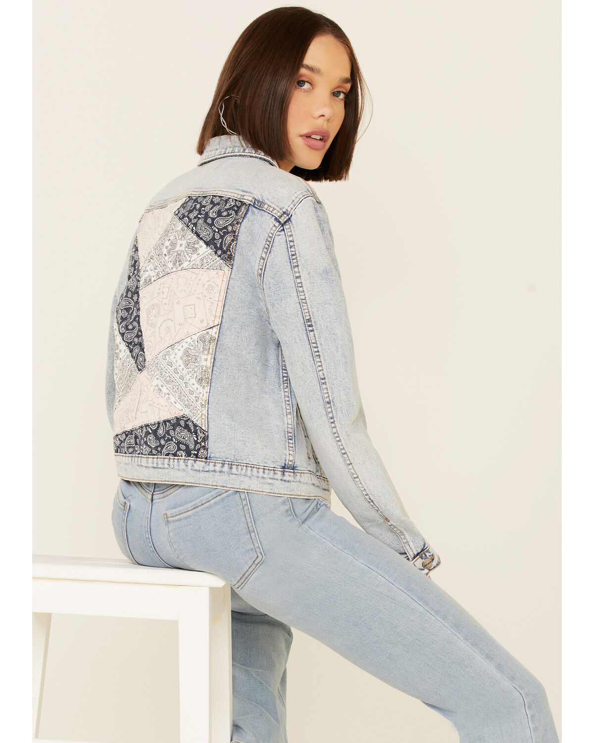 Driftwood Women's Light Wash Patchwork Cropped Button-Front Denim Jacket