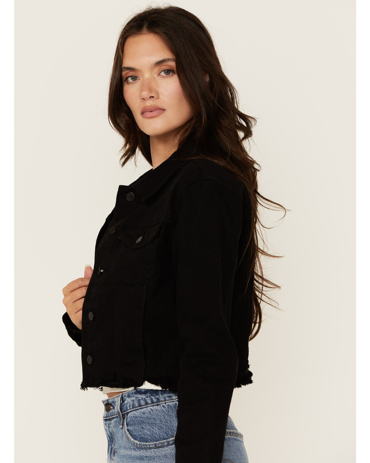 Cello Women's Frayed Cropped Denim Jacket