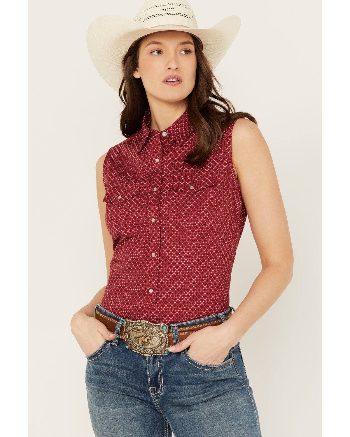 Ely Walker Women's Geo Print Sleeveless Pearl Snap Western Shirt