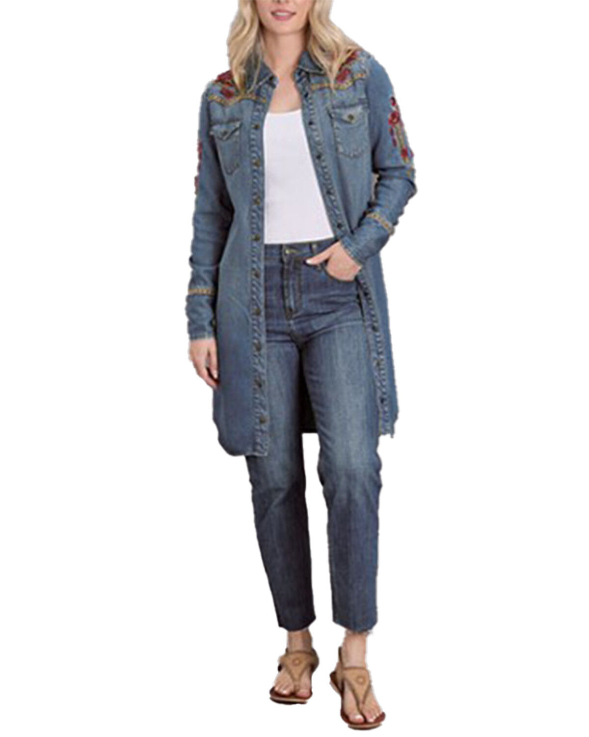 Stetson Women's Medium Wash Long Sleeve Embroidered Snap Denim Mini Dress