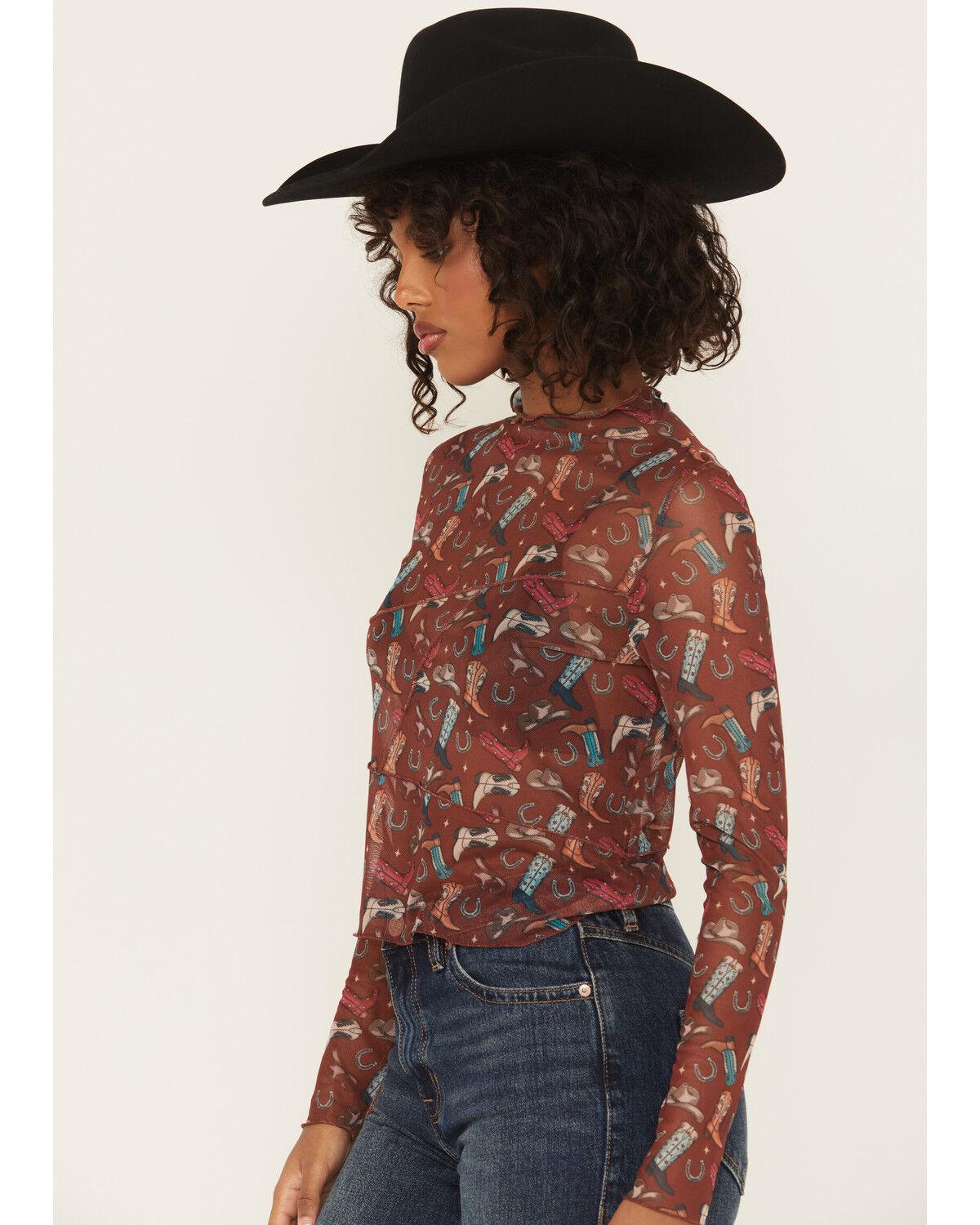 Rock & Roll Denim Women's Cowboy Boot Mesh Long Sleeve Shirt