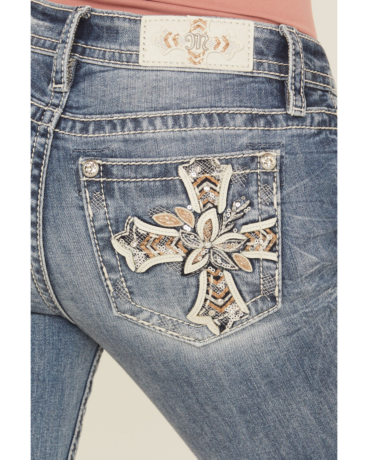 Miss Me Women's Dark Wash Mid Rise Floral Cross Pocket Stretch Denim Jeans
