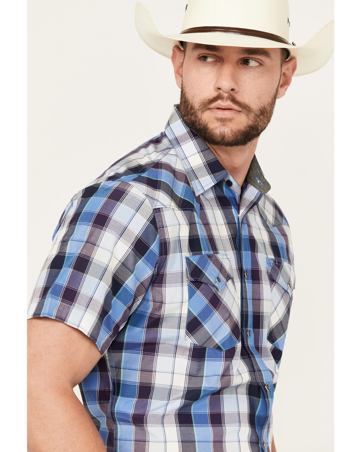 Rodeo Clothing Men's Plaid Print Short Sleeve Snap Western Shirt