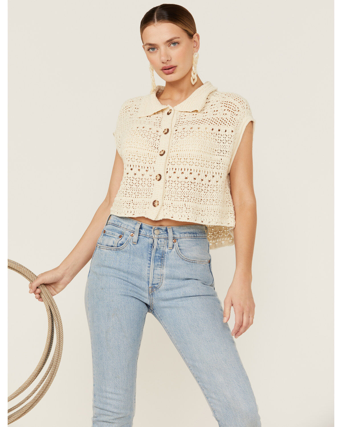 Beyond The Radar Women's Cream Crochet Sleeveless Sweater Top