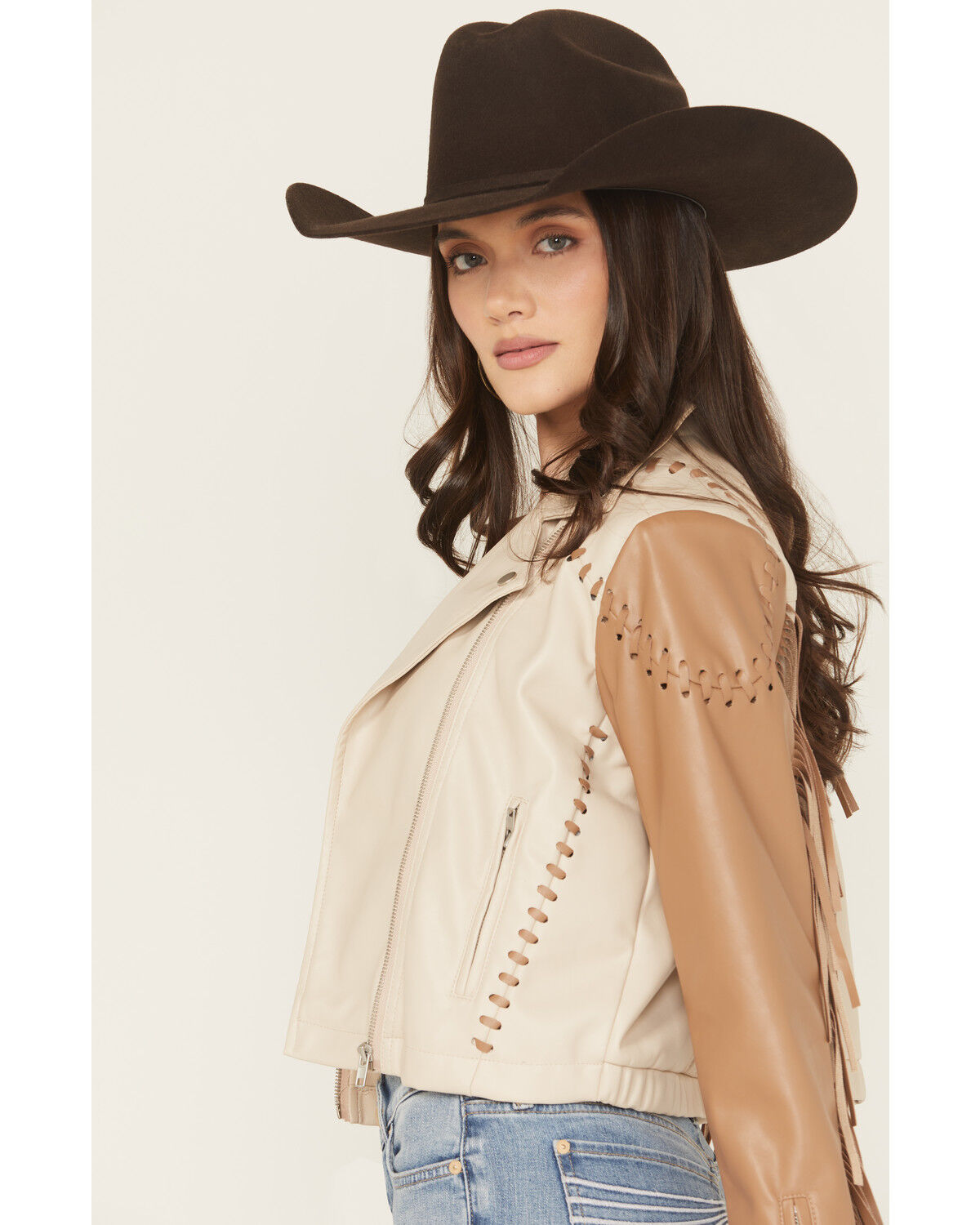 Blue B Women's Fringe Whip Stitch Faux Leather Moto Jacket