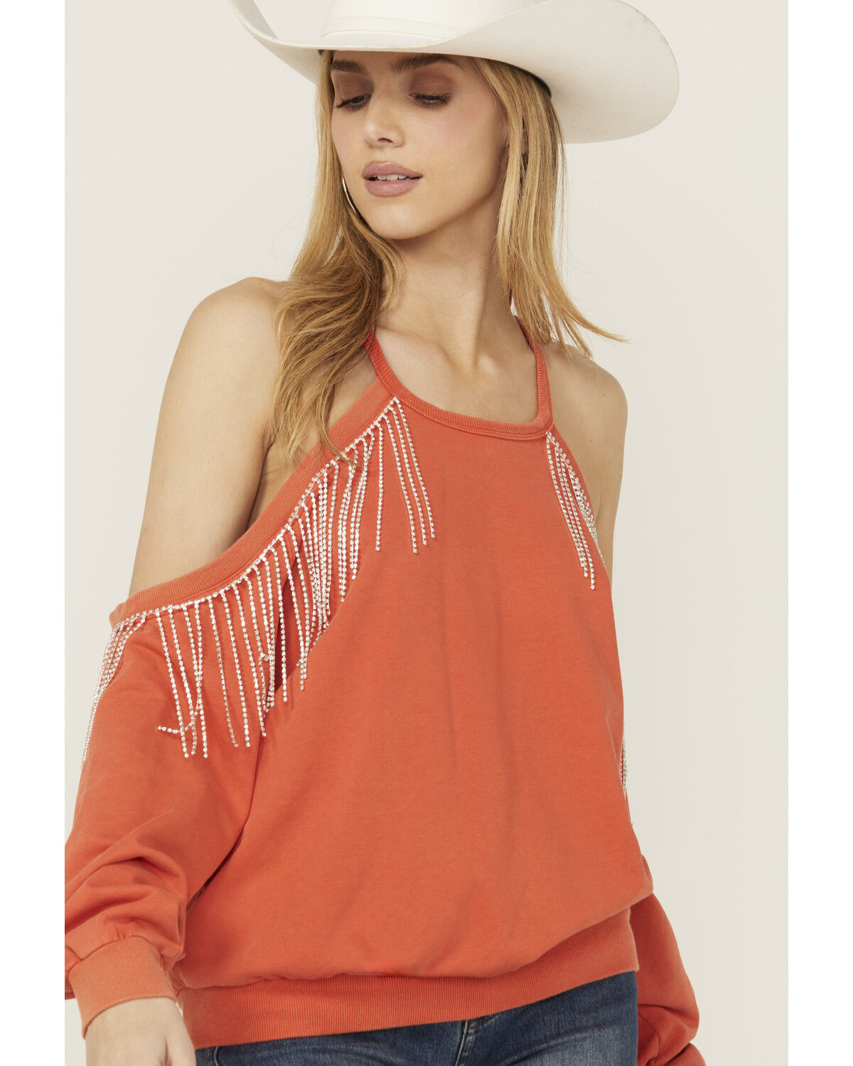 Blue B Women's Rhinestone Fringe Cold Shoulder Sweatshirt