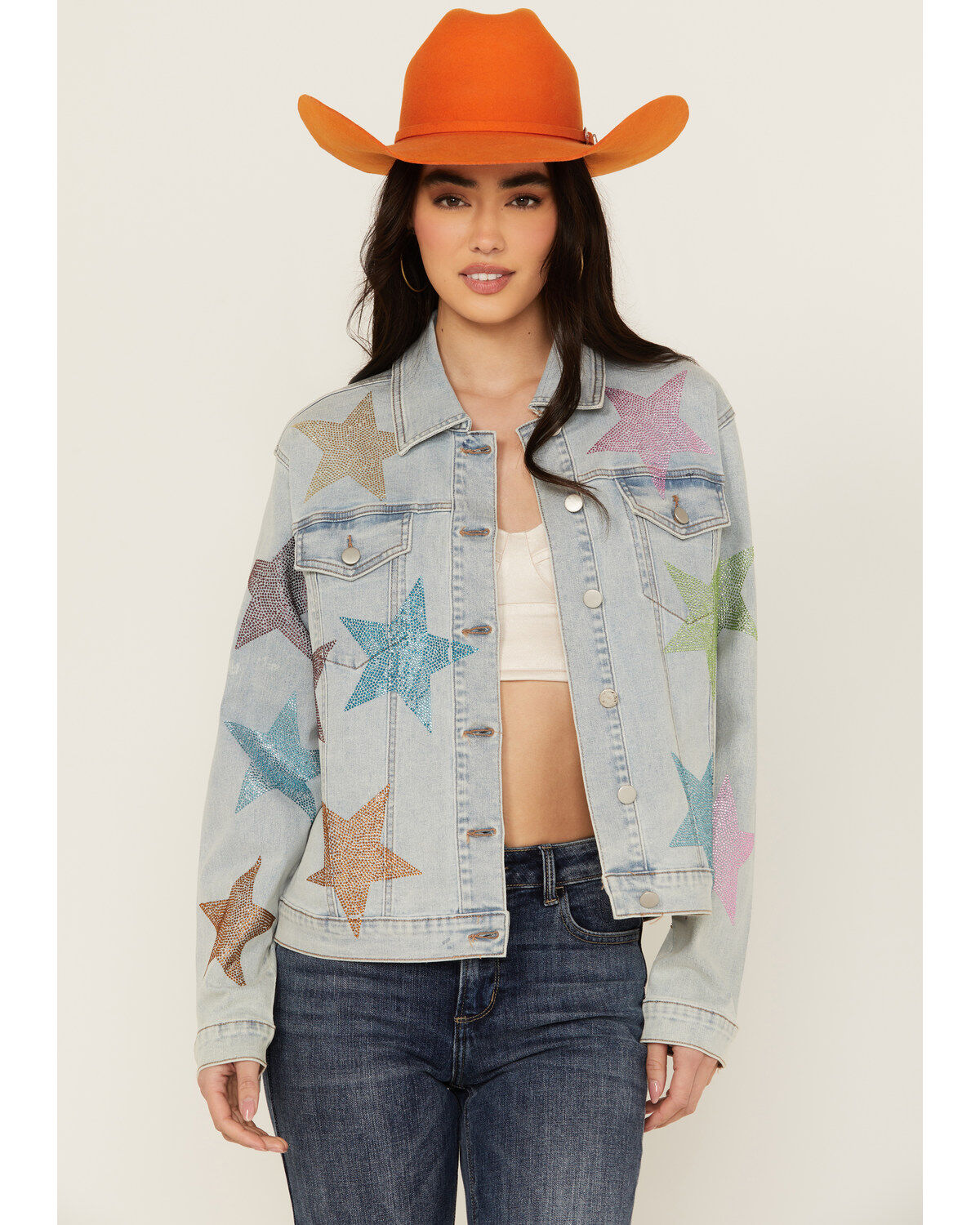 Blue B Women's Light Wash Rhinestone Embellished Denim Jacket