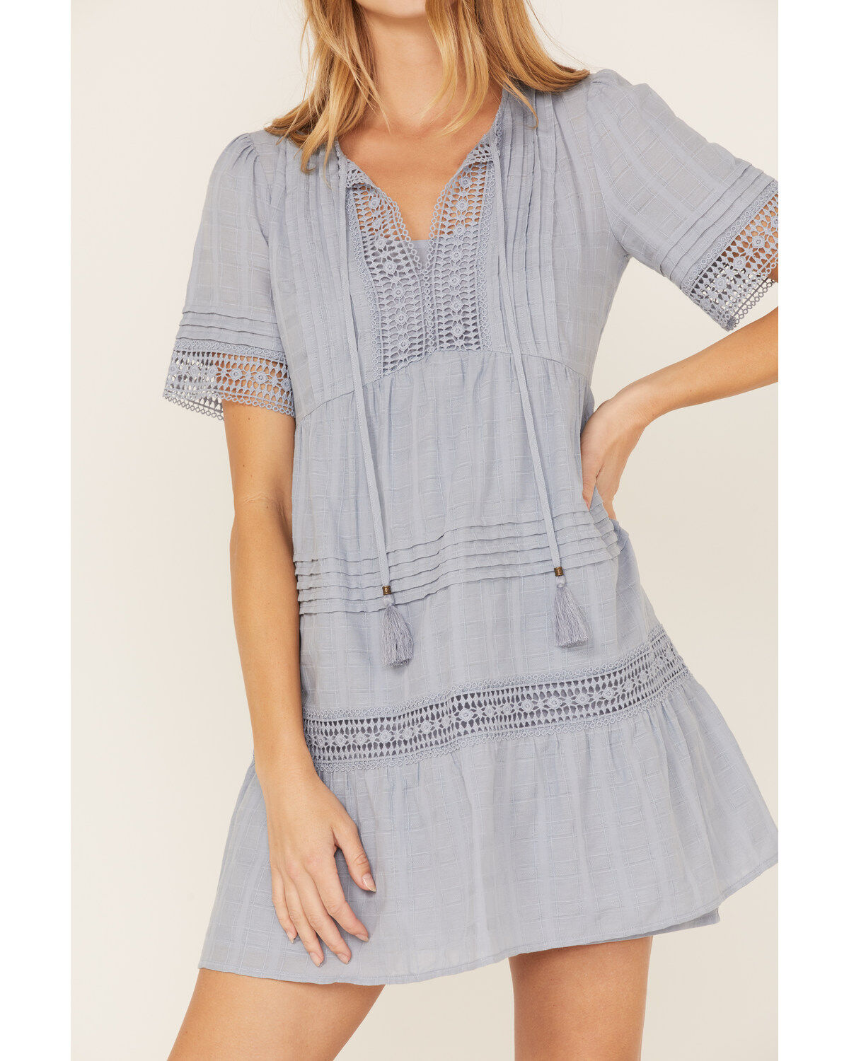 Jolt Women's Crochet Trim Tassel Short Sleeve Mini Dress