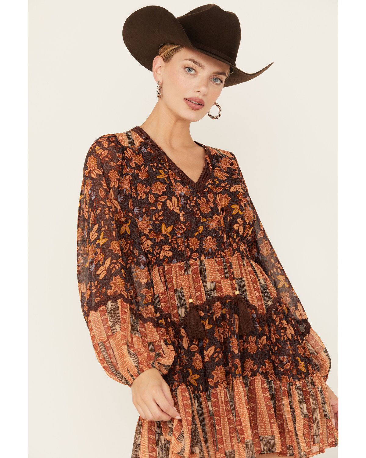 Miss Me Women's Floral Print Long Sleeve Mini Dress