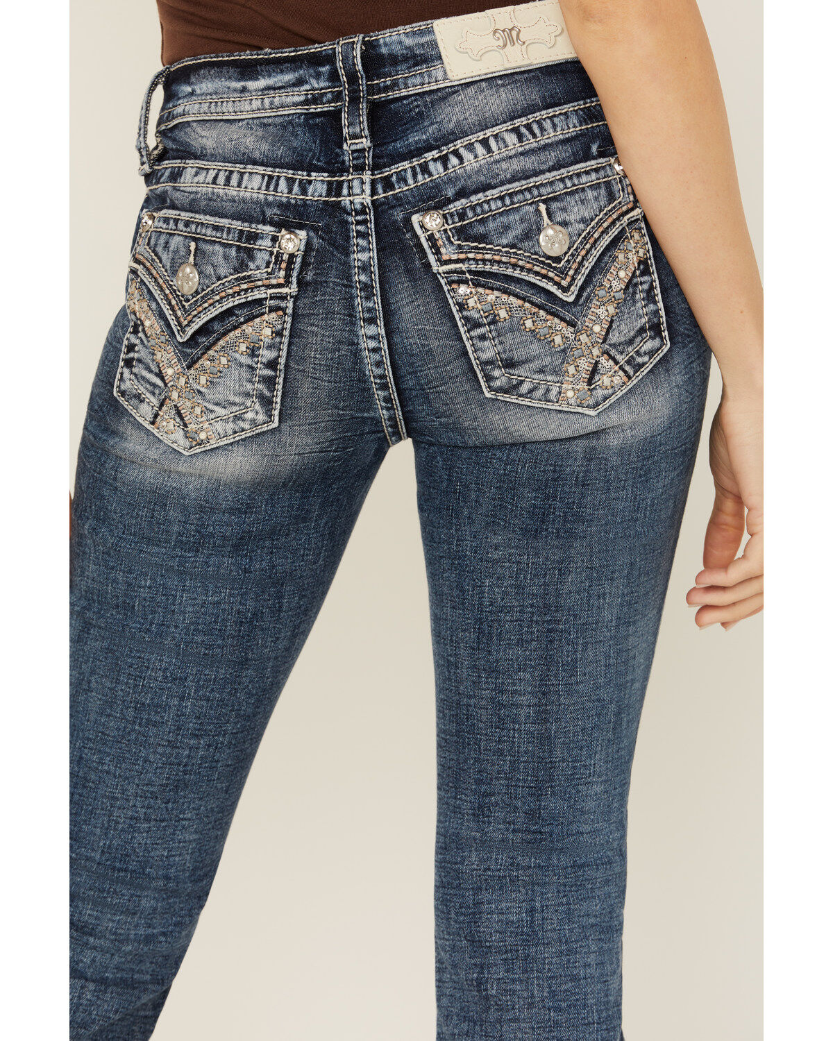 Miss Me Women's Dark Wash Mid Rise Faux Flap Pocket Bootcut Stretch Denim Jeans