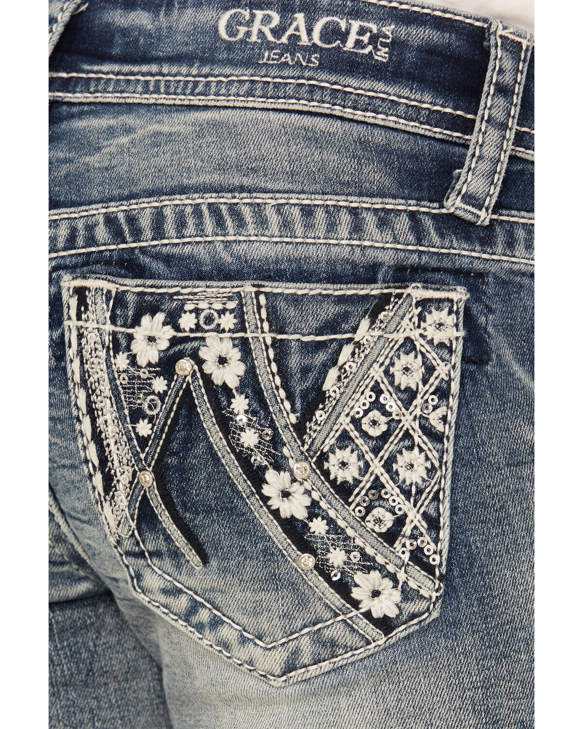 Grace In LA Girls' Medium Wash Floral Embroidered Bootcut Stretch Denim Jeans