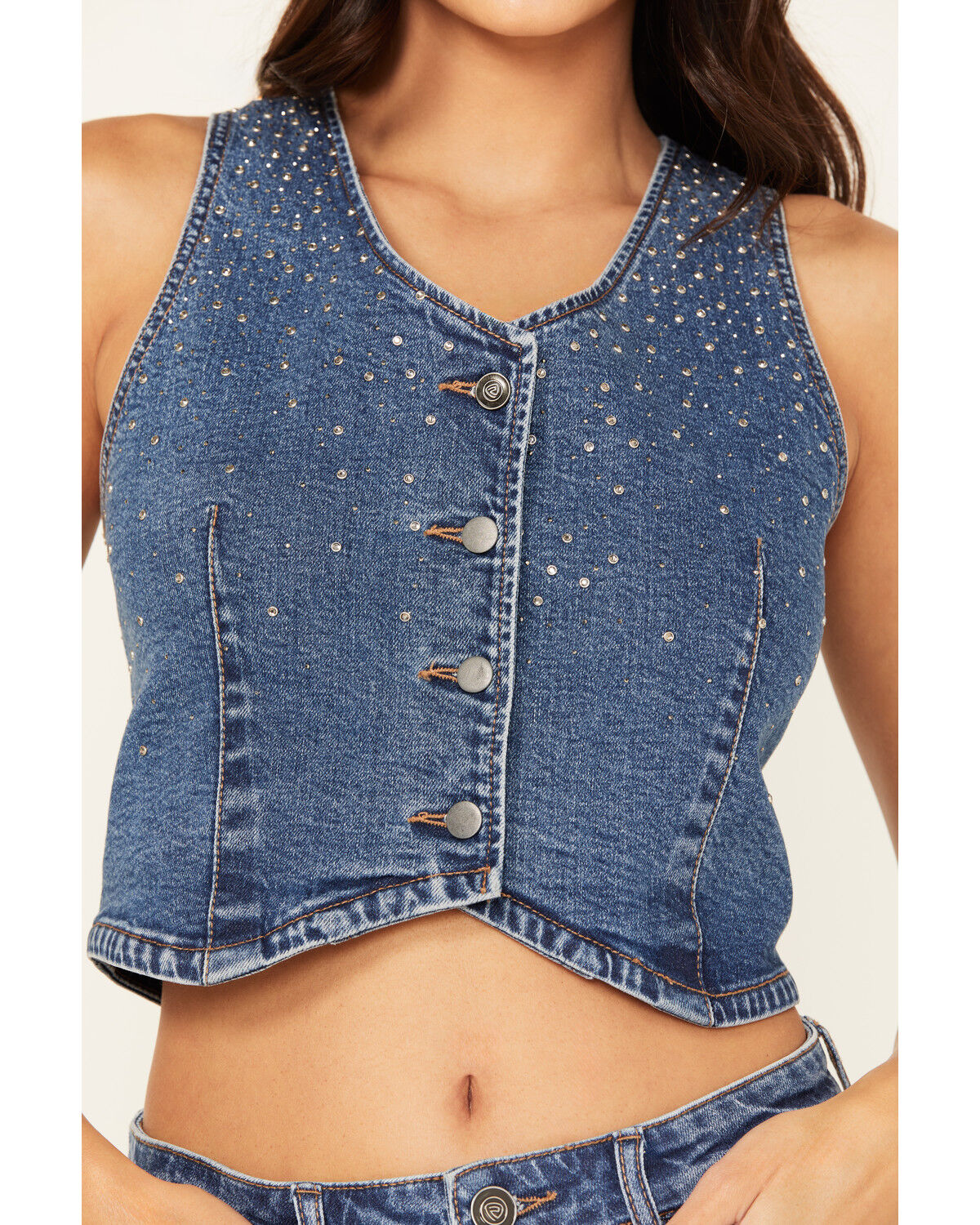 Rock & Roll Denim Women's Medium Wash Rhinestone Studded Vest