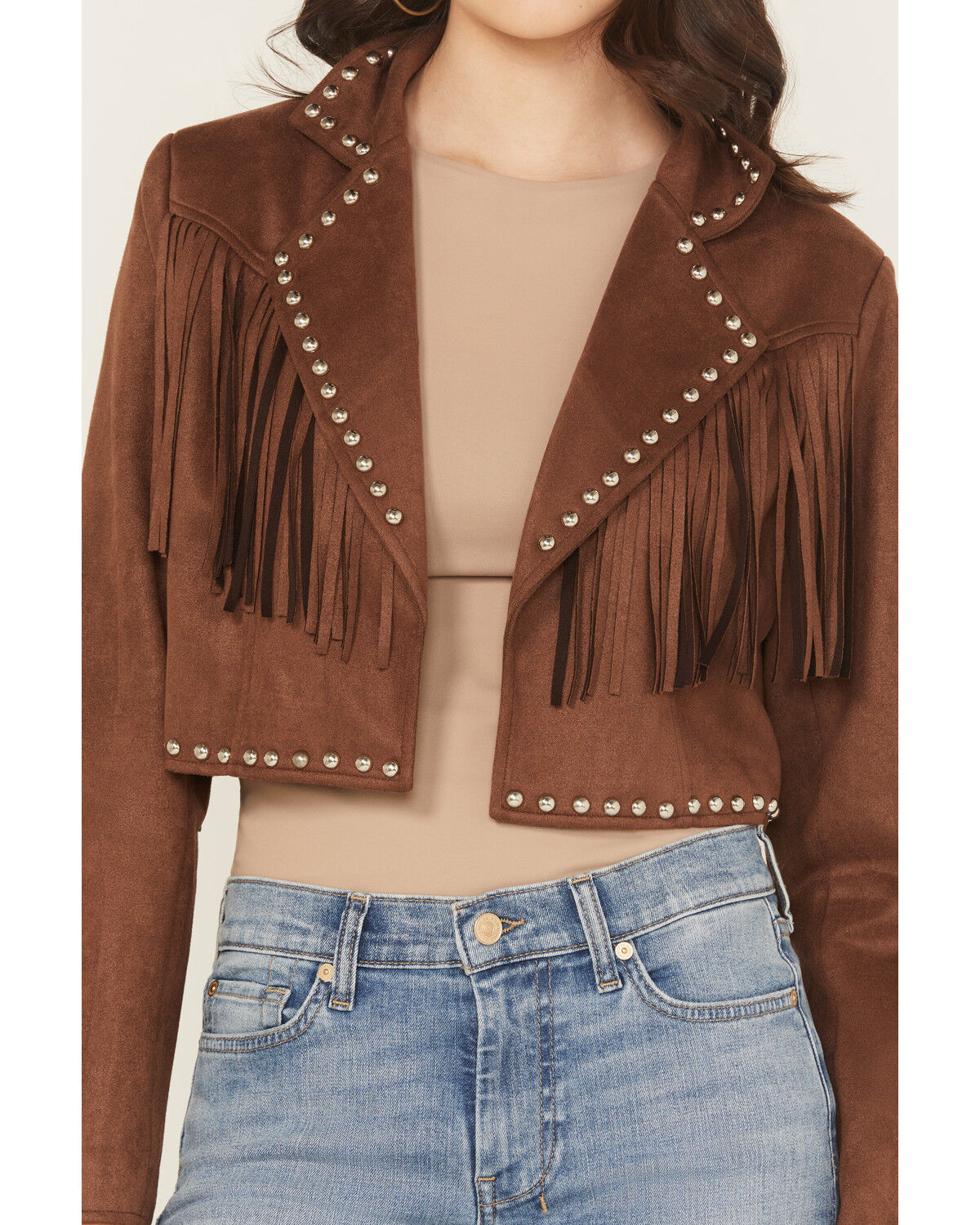 Saints & Hearts Women's Faux Suede Studded Fringe Cropped Jacket