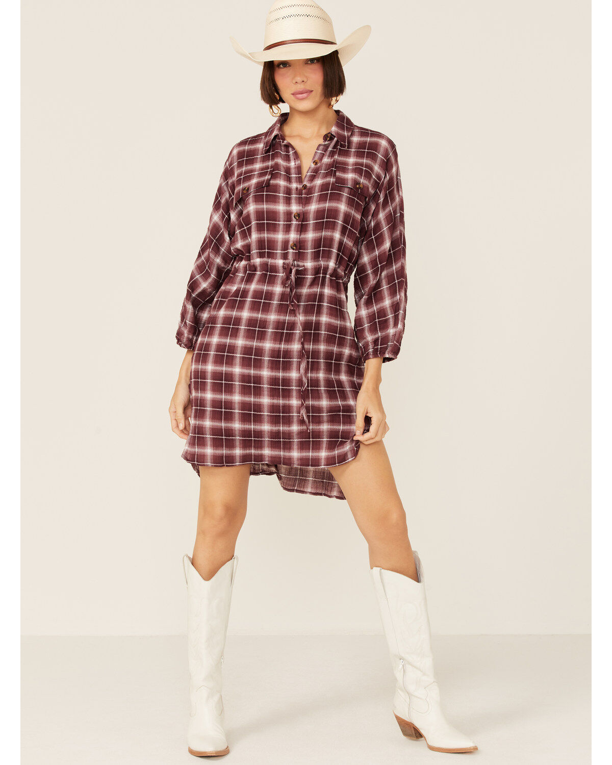 Wild Moss Women's Burgundy Long Sleeve Plaid Shirt Mini Dress