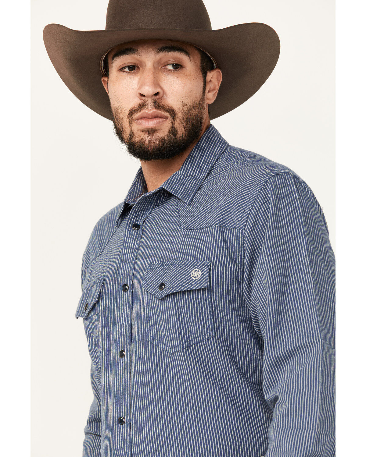 Blue Ranchwear Men's Somerville Herringbone Striped Print Long Sleeve Snap Work Shirt