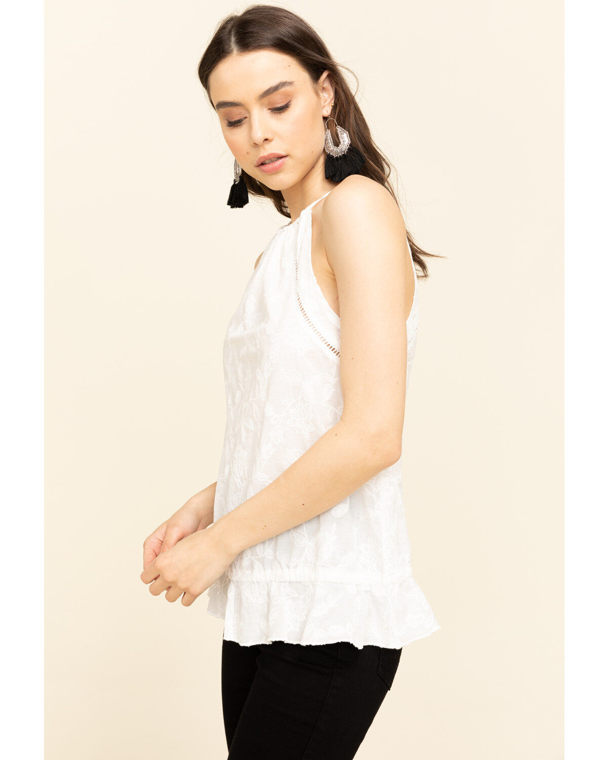 Rock & Roll Denim Women's Ivory Floral Embroidered Halter Top