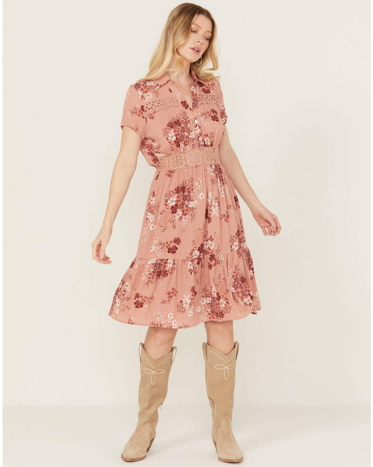 Wild Moss Women's Lace Trim Midi Dress