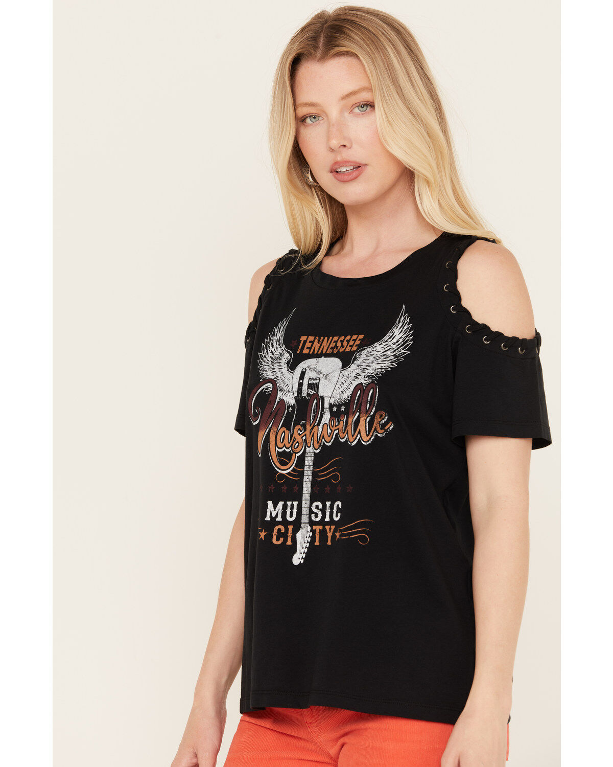 Blended Women's Cold Shoulder Nashville Music City Graphic Tee