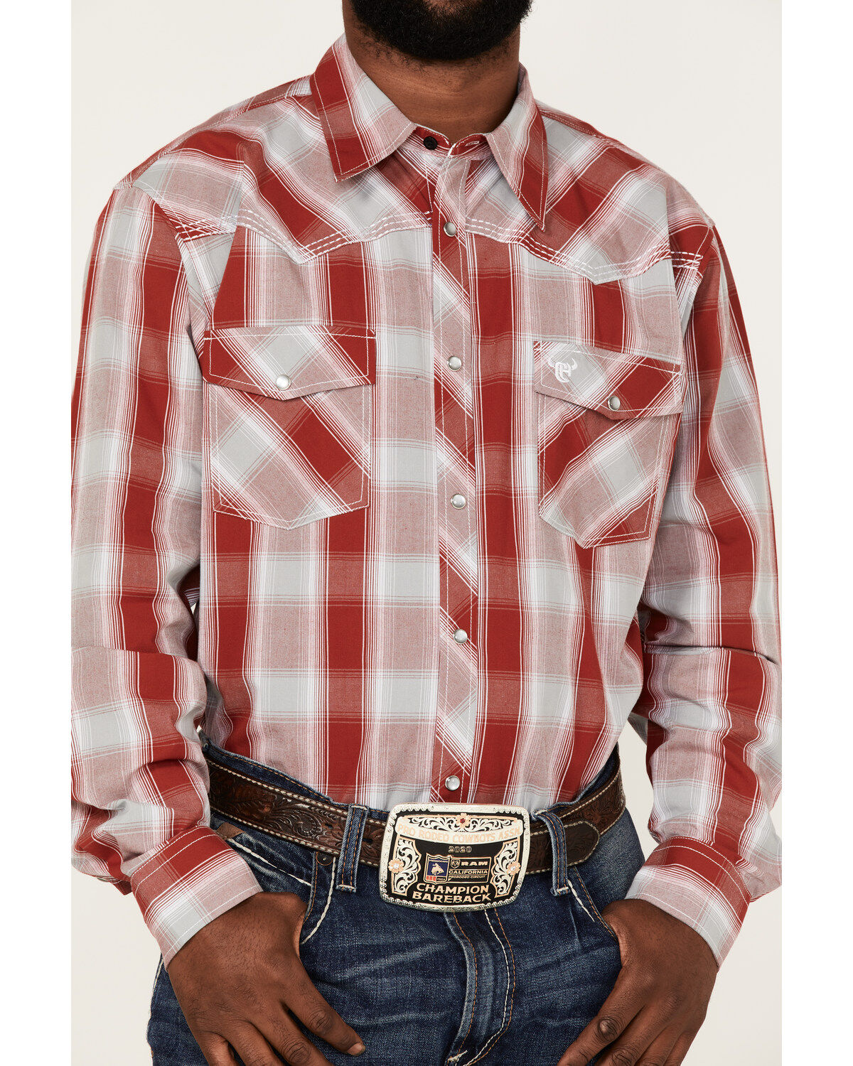 Cowboy Hardware Men's Burgundy Hombre Plaid Long Sleeve Pearl Snap Western Shirt