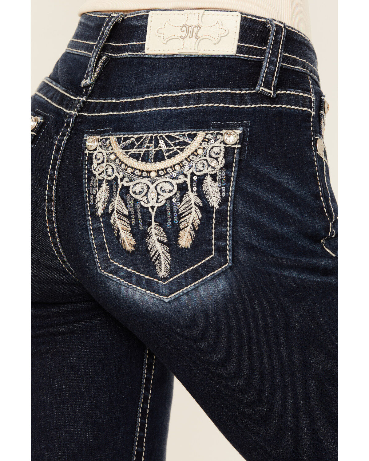 Miss Me Women's Dark Wash Mid Rise Dream Catcher Pocket Bootcut Stretch Denim Jeans