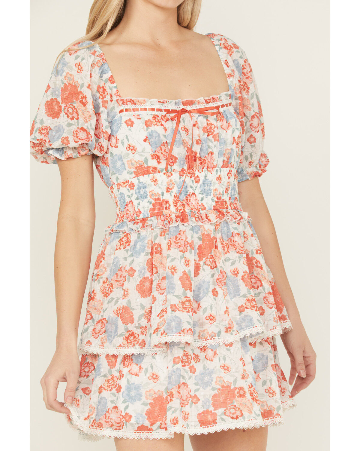 Ash & Violet Women's Floral Print Short Sleeve Lace Trim Mini Dress