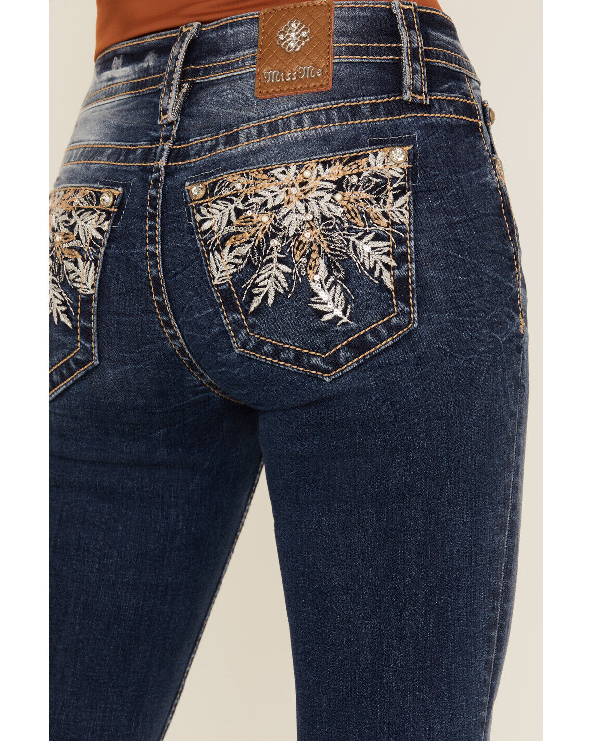 Miss Me Women's Dark Wash Mid Rise Leaf Pocket Bootcut Stretch Denim Jeans