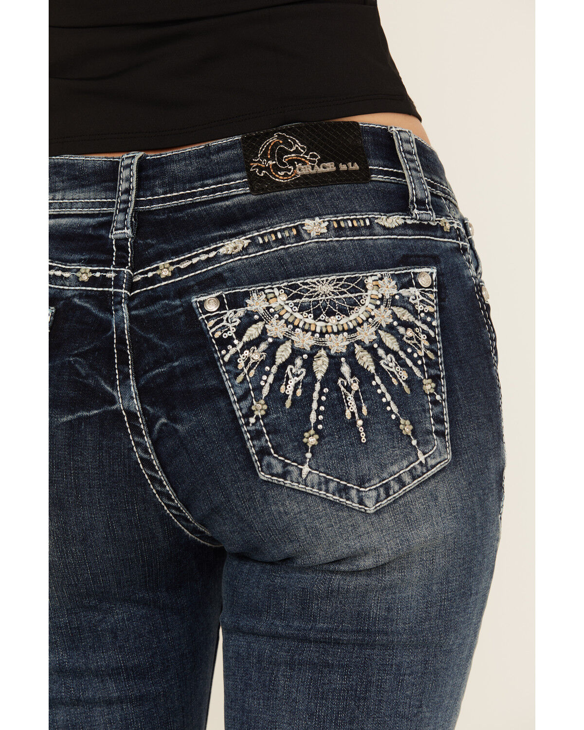 Grace In LA Women's Medium Wash Dream Catcher Embroidered Mid Rise Bootcut Stretch Denim Jeans