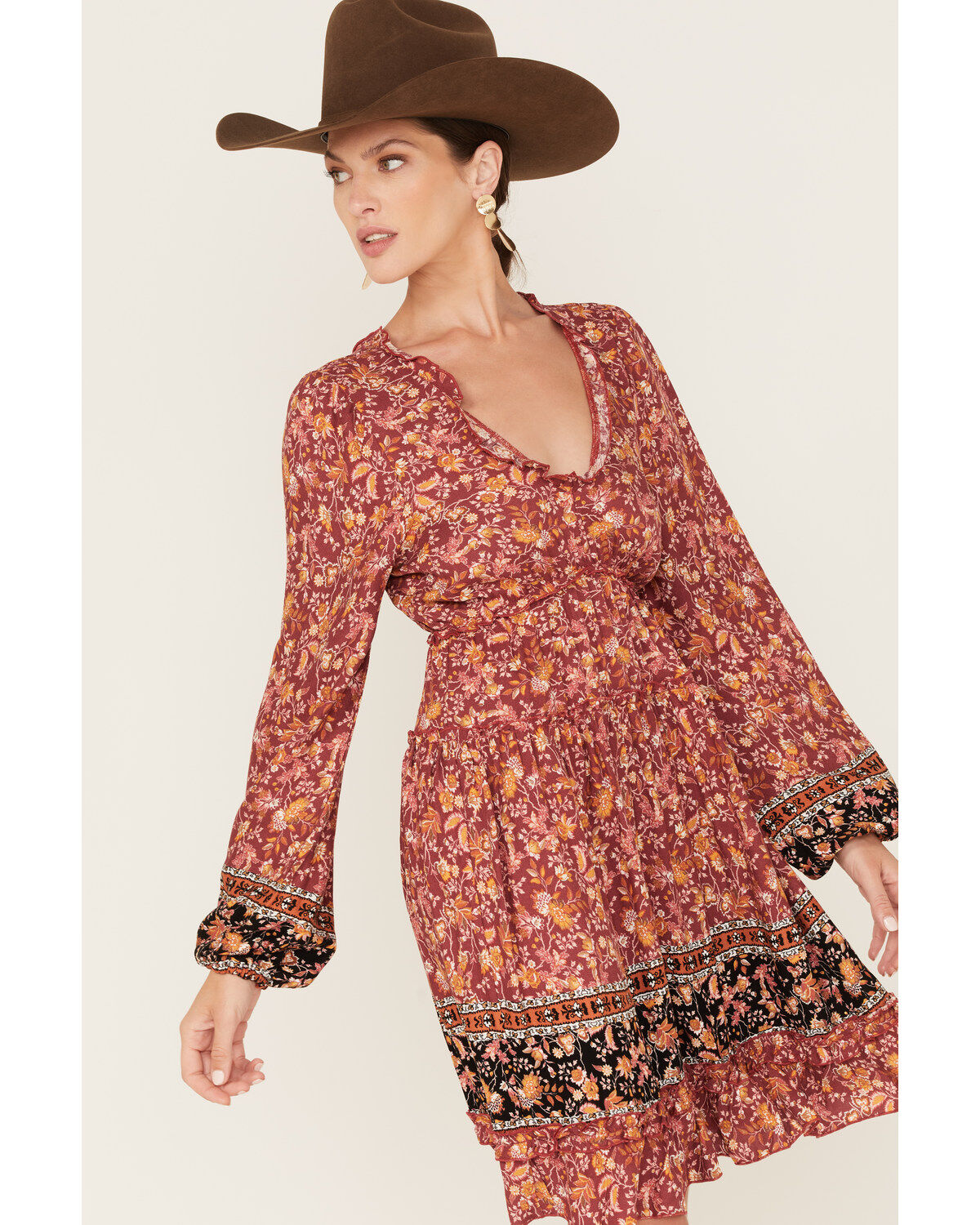 Wild Moss Women's Floral Print Long Sleeve Mini Dress