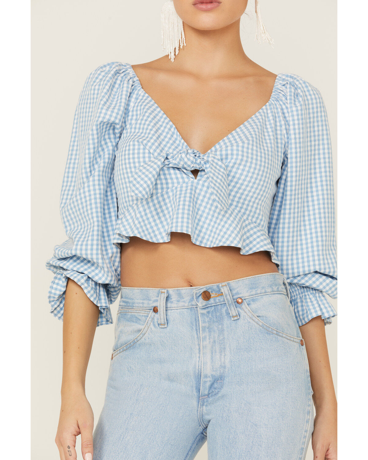 Beyond The Radar Women's Gingham Tie Front Crop Blouse