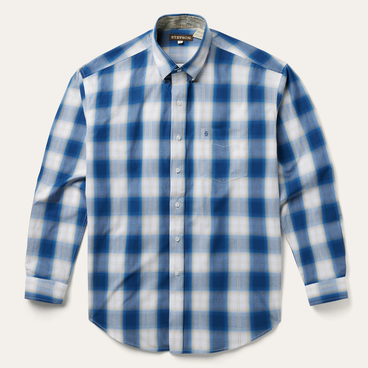 Navy Gold Ombre Plaid Short Sleeve Western Shirt