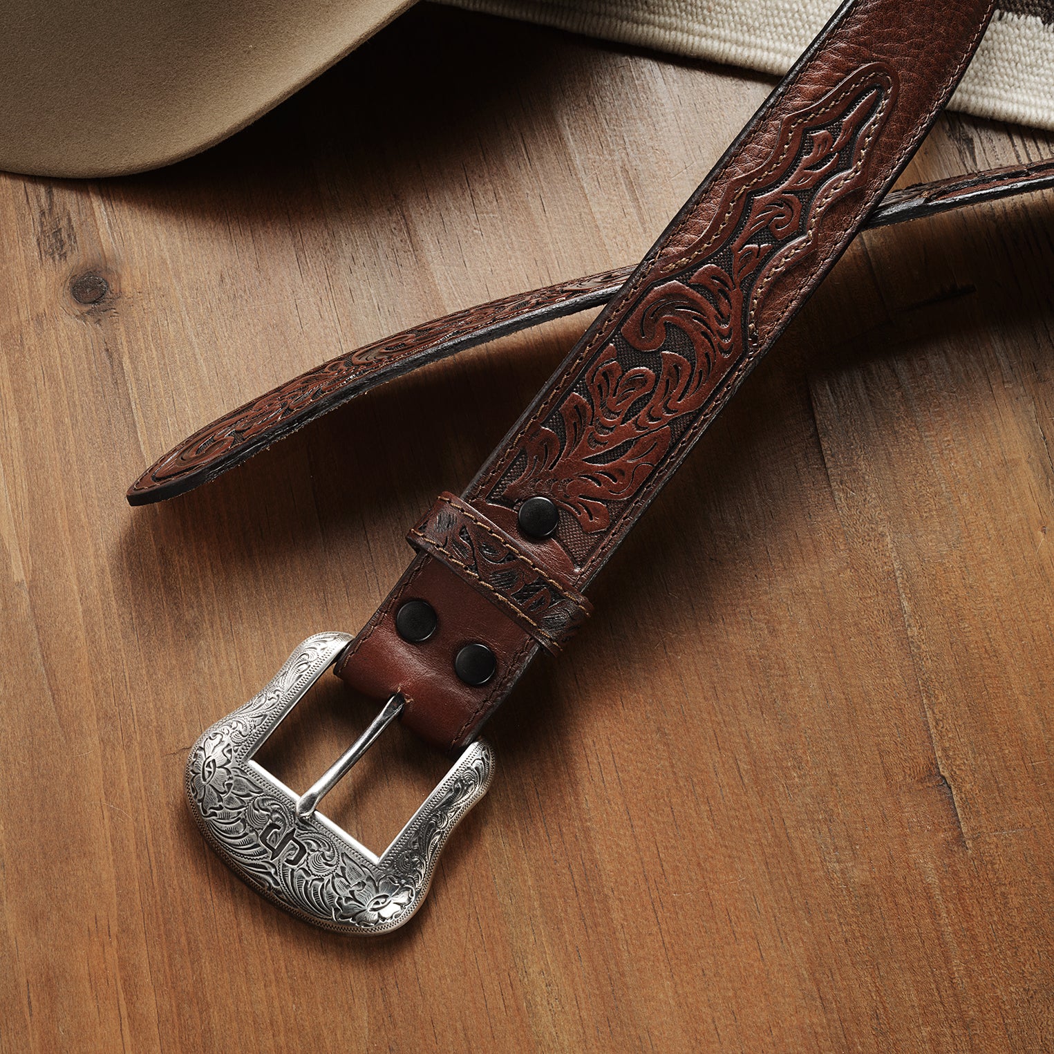 Bison Leather Tooled Tab Belt