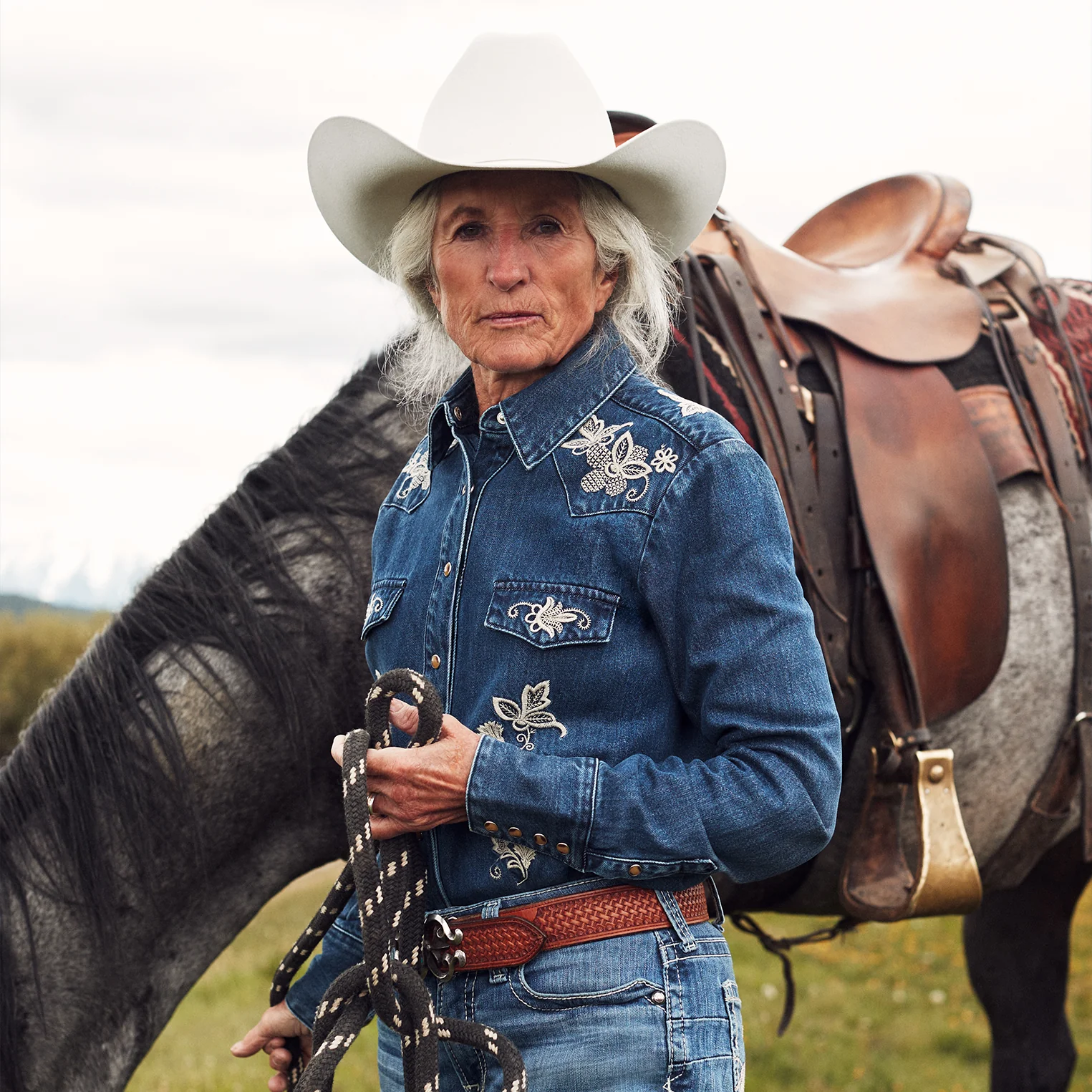 Floral Embroidered Dark Denim Shirt