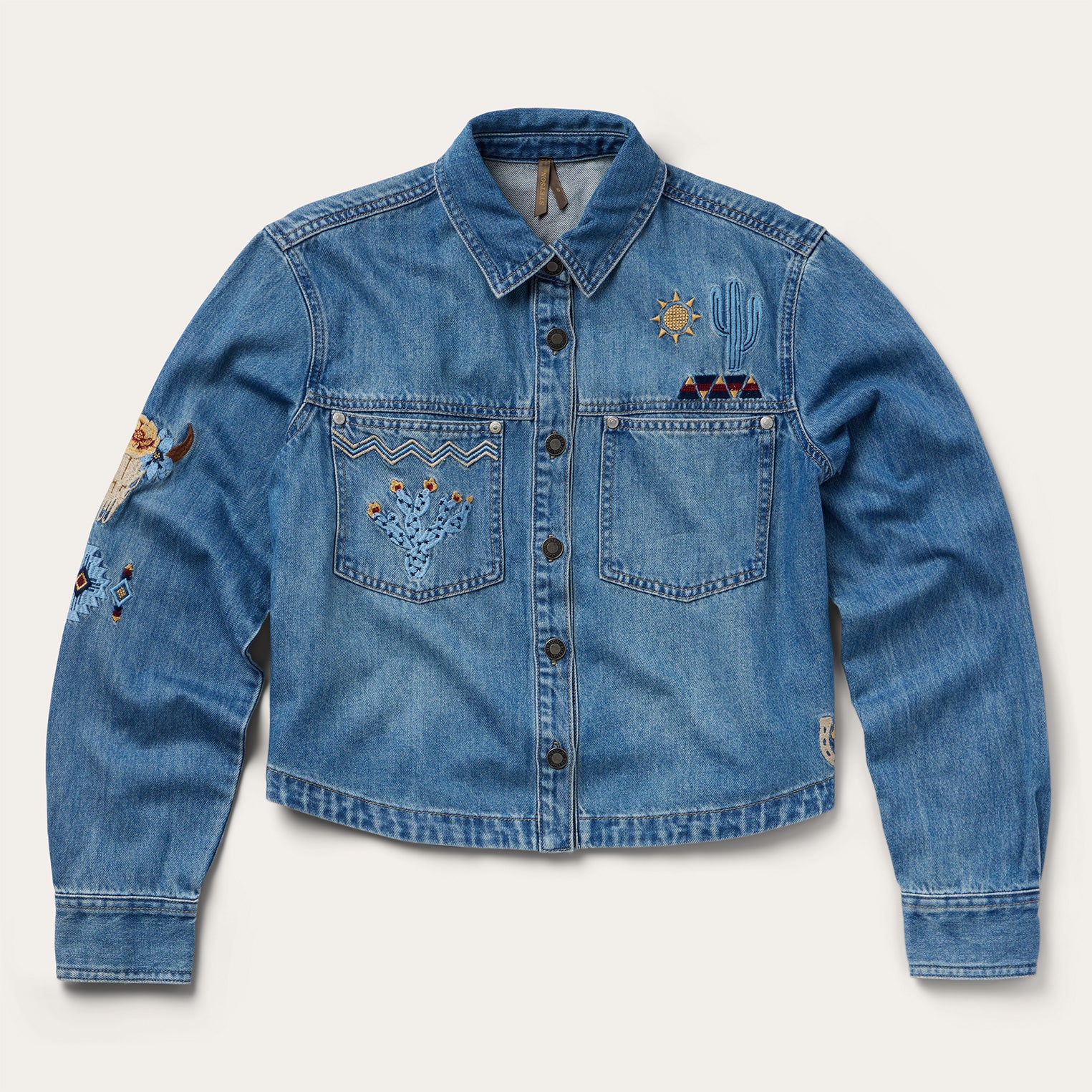 Embroidered Denim Button-Up Cropped Shirt