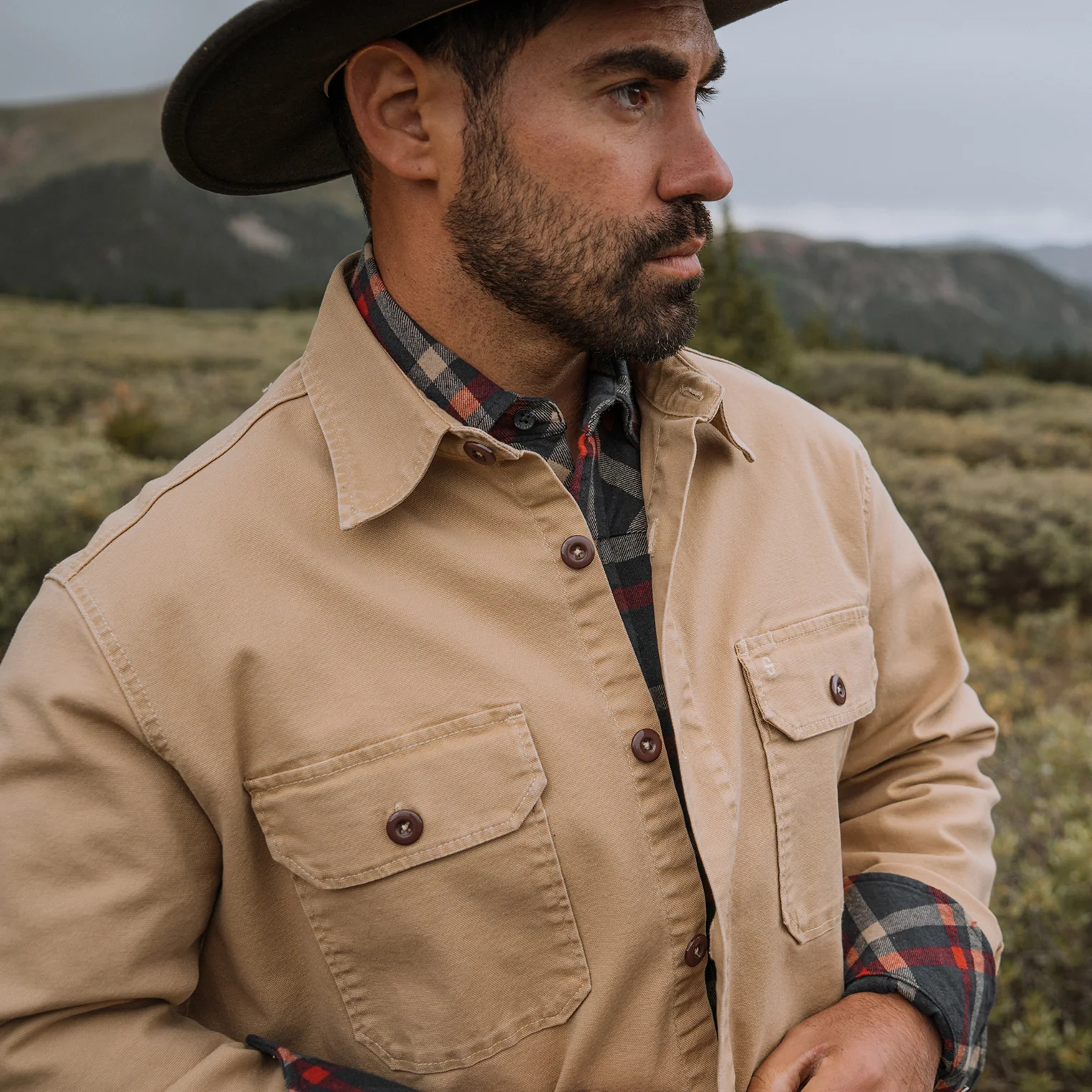 Camel Stretch Canvas Shirt Jacket