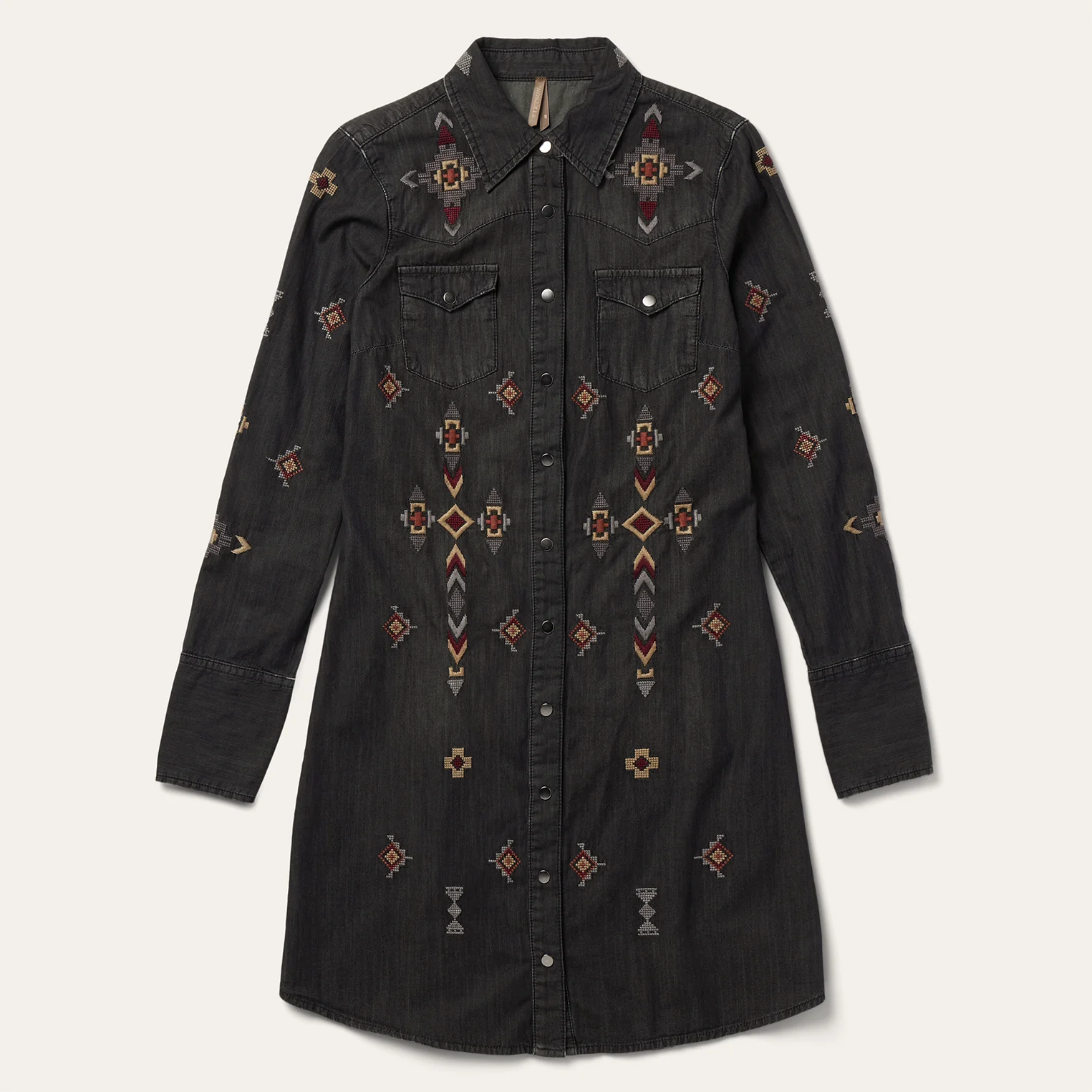 Embroidered Black Denim Shirt Dress