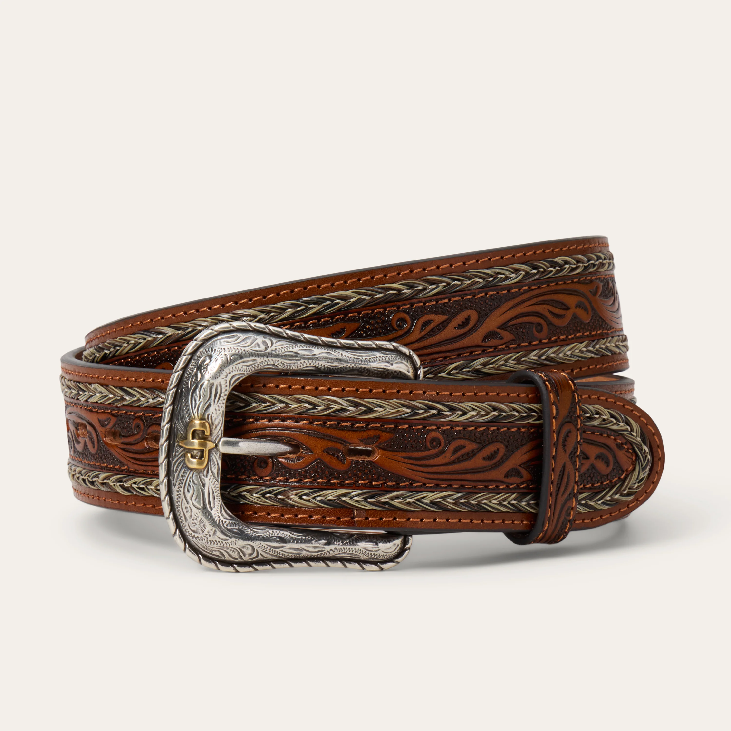 Tooled Horse Hair Braided Edge Belt